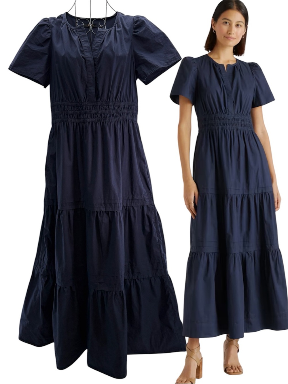 Quince Navy Organic Cotton Classic Everyday Style Tiered Maxi Dress, Size Small